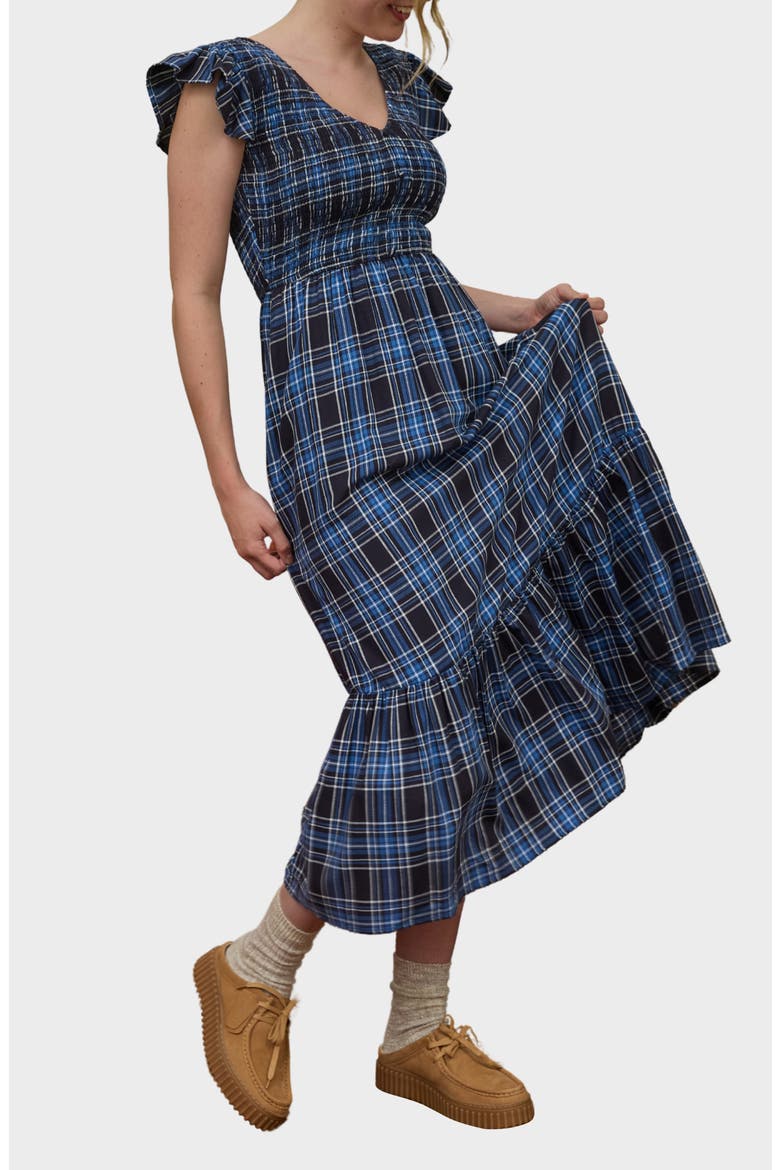 Flutter Sleeve Plaid Maxi Dress, Alternate, color, NAVY MULTI