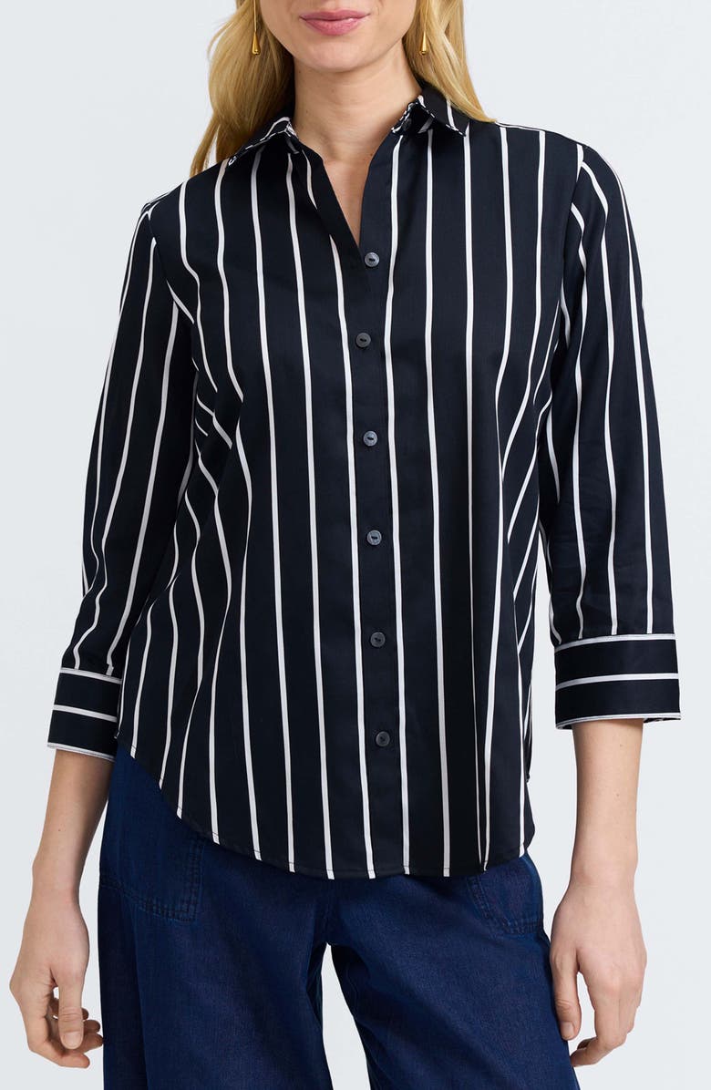 Foxcroft Margie Stripe Three-Quarter Sleeve Button-Up Shirt, Main, color, Black/ White