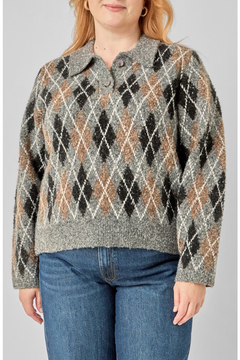 Argyle Collared Sweater, Main, color, GREY