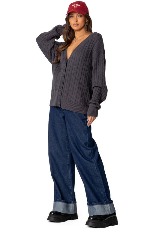 Shop Edikted Francine Oversize Cable Cotton Cardigan In Dark-gray