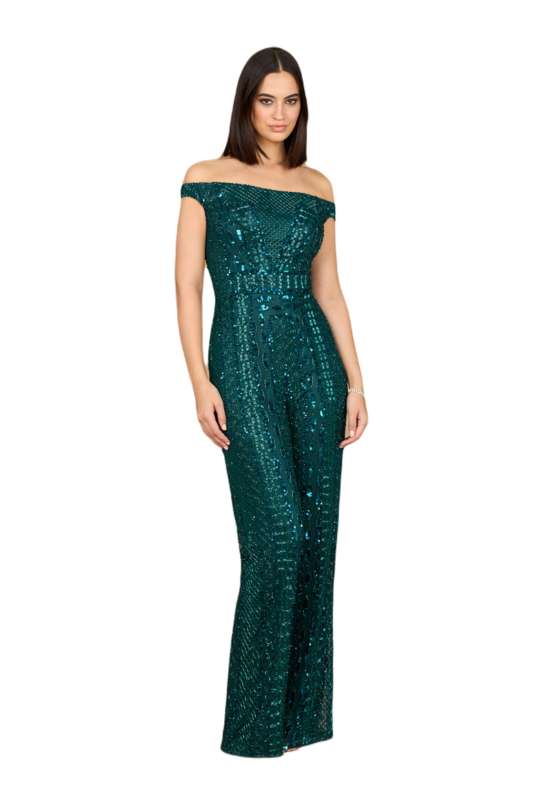 Beaded Off Shoulder Jumpsuit, Main, color, Dark Green