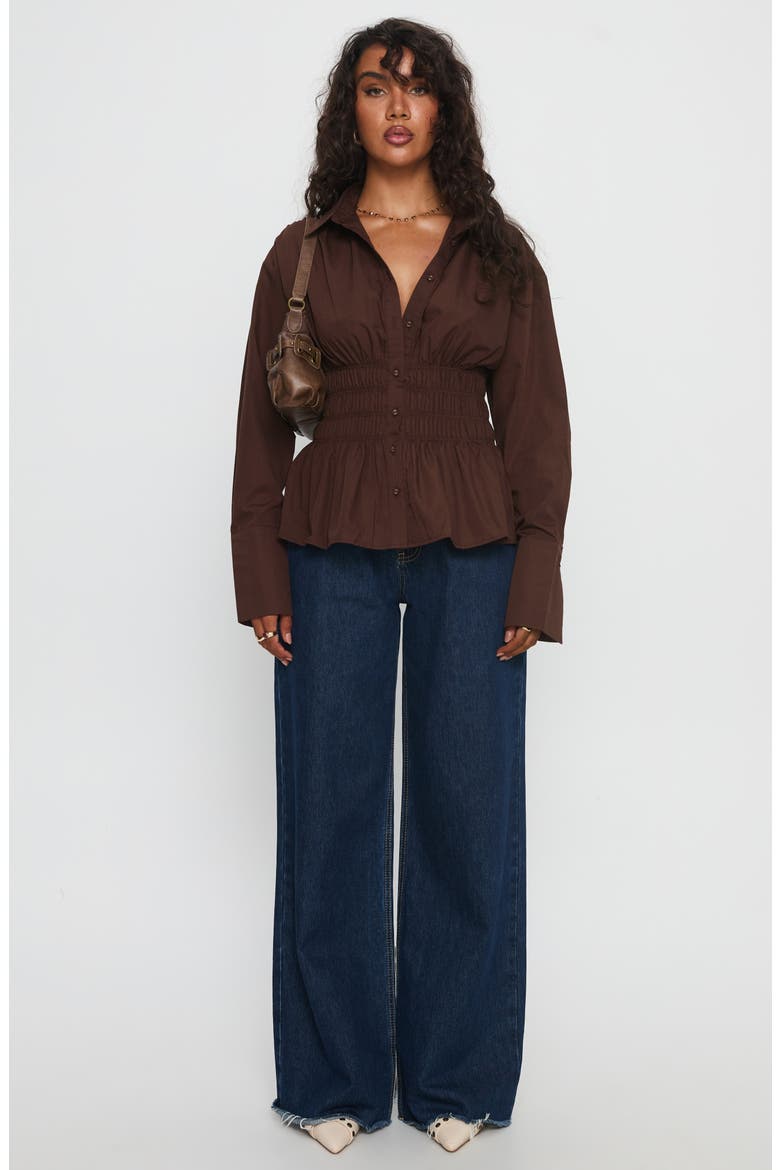 As You Are Shirred Button-Up Shirt, Alternate, color, CHOCOLATE