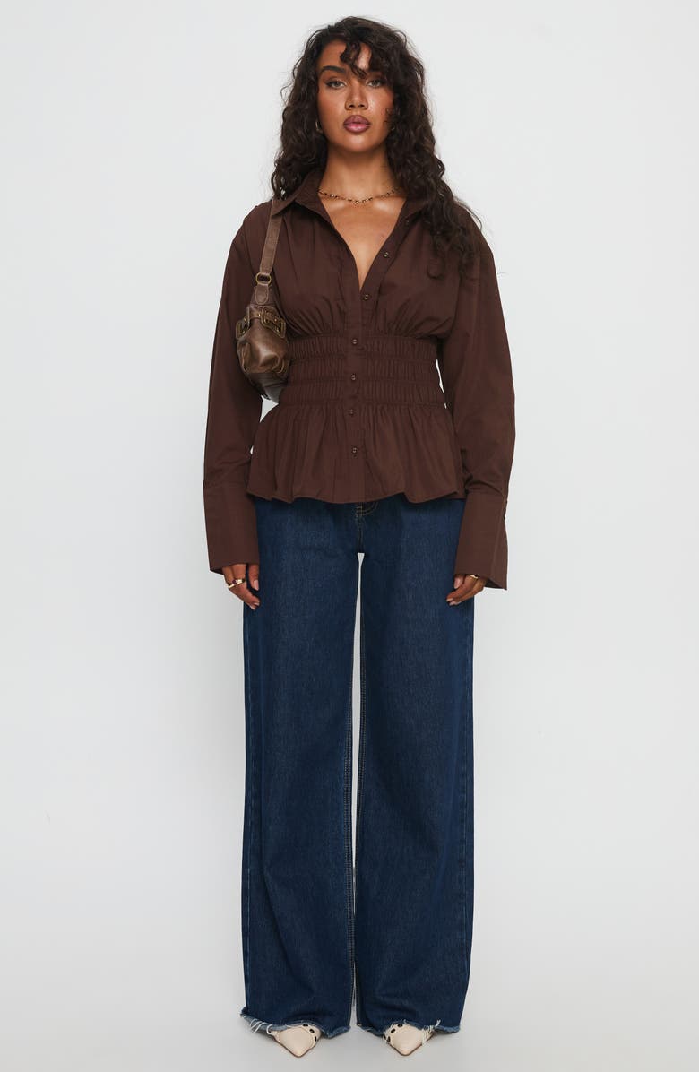 Princess Polly As You Are Shirred Button-Up Shirt, Alternate, color, Chocolate