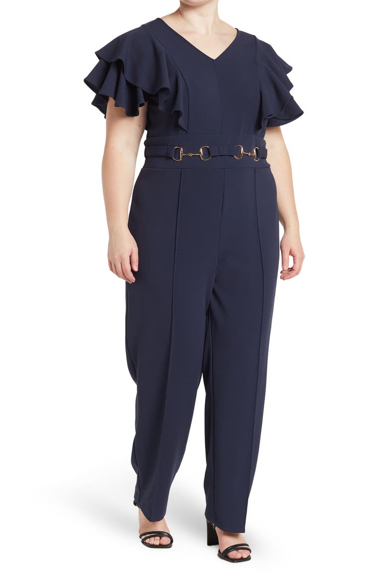 Nova Flutter Sleeve Scuba Crepe Jumpsuit, Main, color, NAVY BLAZER
