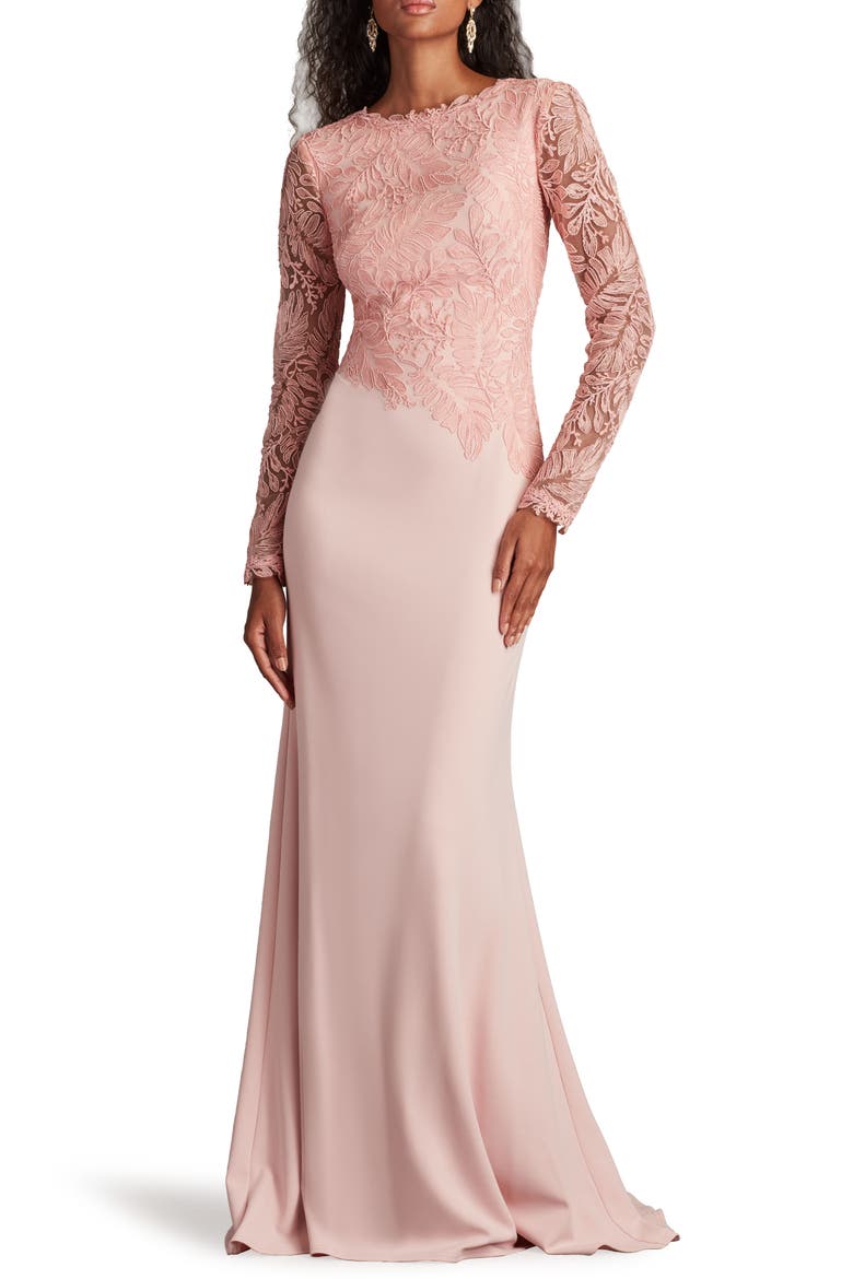 Embroidered Leaf Print Long Sleeve Gown, Main, color, ADOBE BLUSH