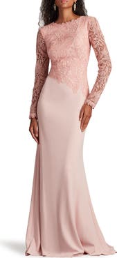 Tadashi Shoji Embroidered Leaf Print Long Sleeve Gown