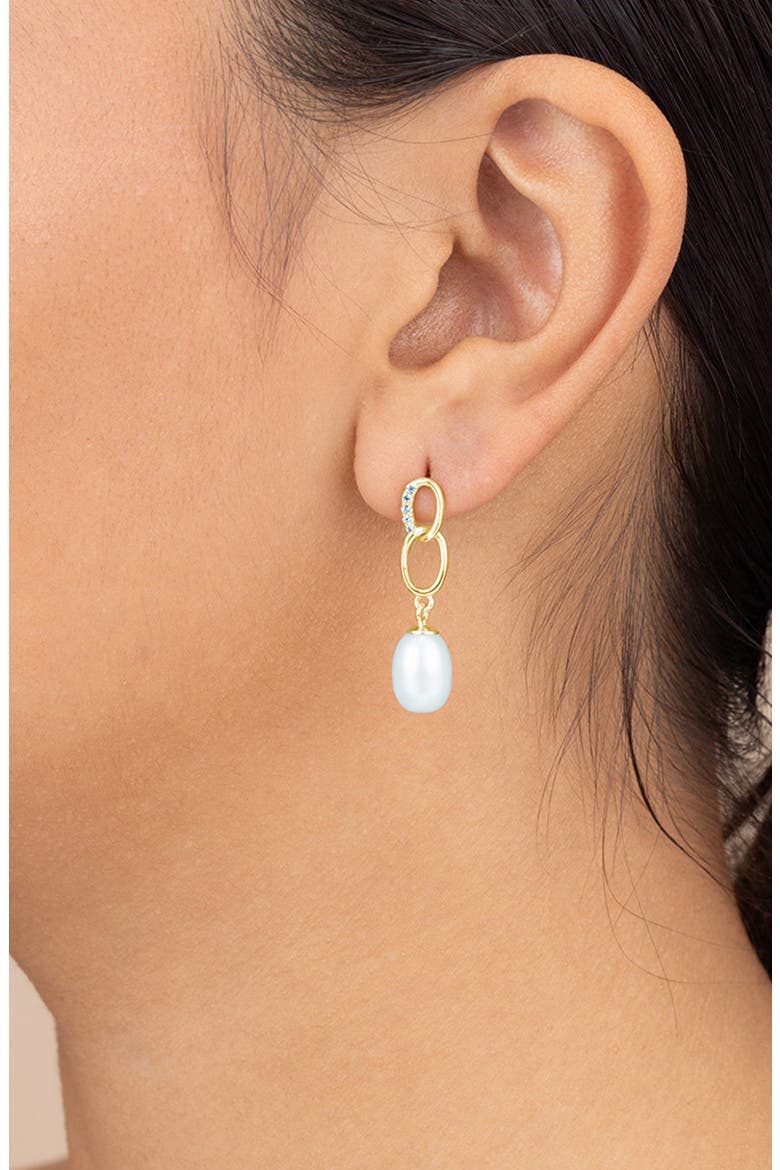 Cubic Zirconia & 5-5.5mm Freshwater Pearl Link Drop Earrings, Alternate, color, GOLD