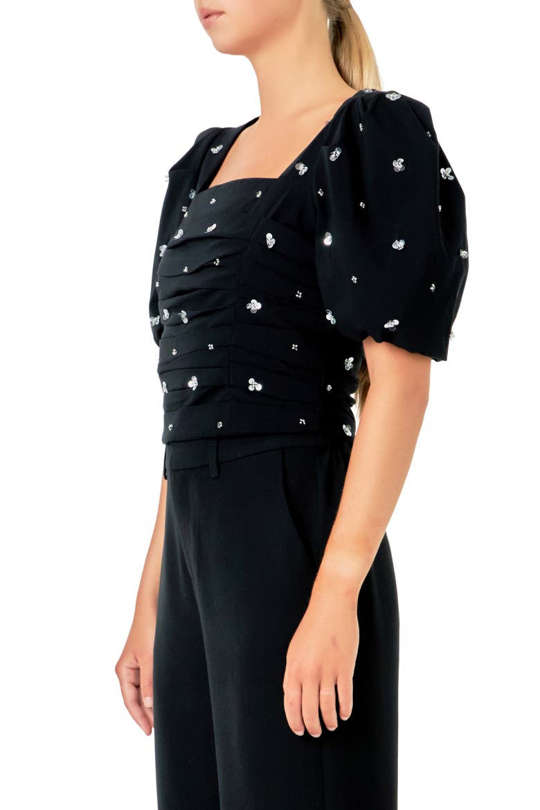 Sequin Floral Embellished Puff Sleeve Top, Alternate, color, BLACK