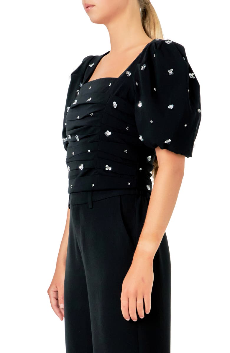 Endless Rose Sequin Floral Embellished Puff Sleeve Top, Alternate, color, Black