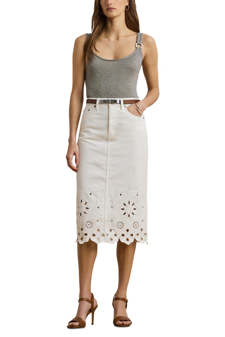 Eyelet Denim Midi Skirt, Alternate, color, WHITE WSH