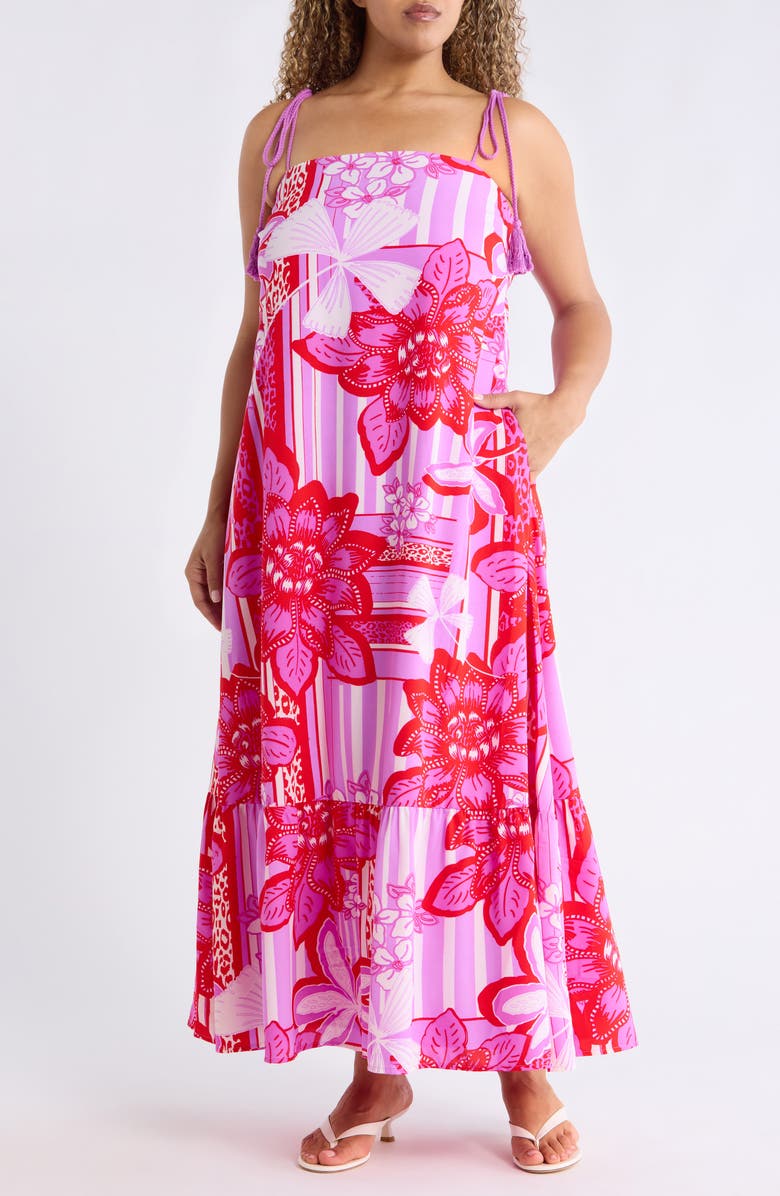 SUGARLIPS Barba Tropical Print Sleeveless Maxi Dress, Main, color, Red-White