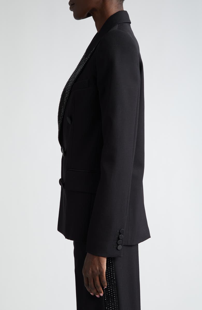 Area Crystal Embellished Double Breasted Stretch Wool Tuxedo Jacket, Alternate, color,
