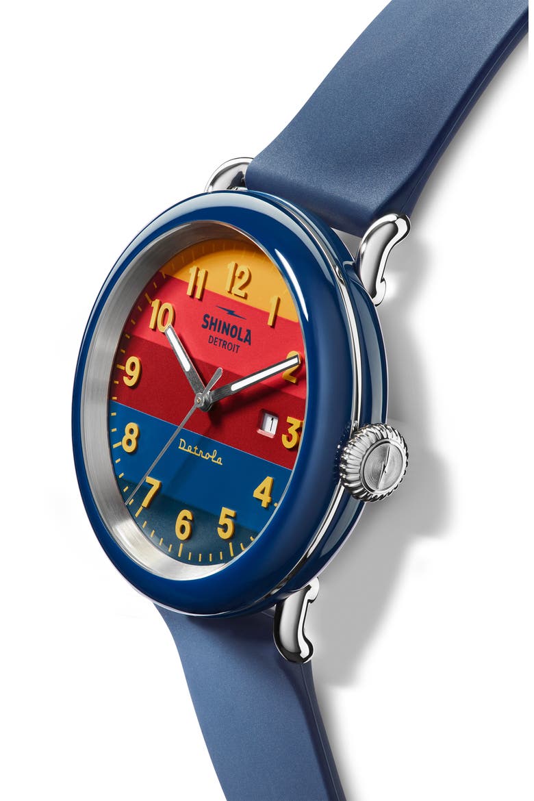 Detrola The Honcho Silicone Strap Watch, 43mm, Alternate, color, NAVY/ YELLOW/ NAVY