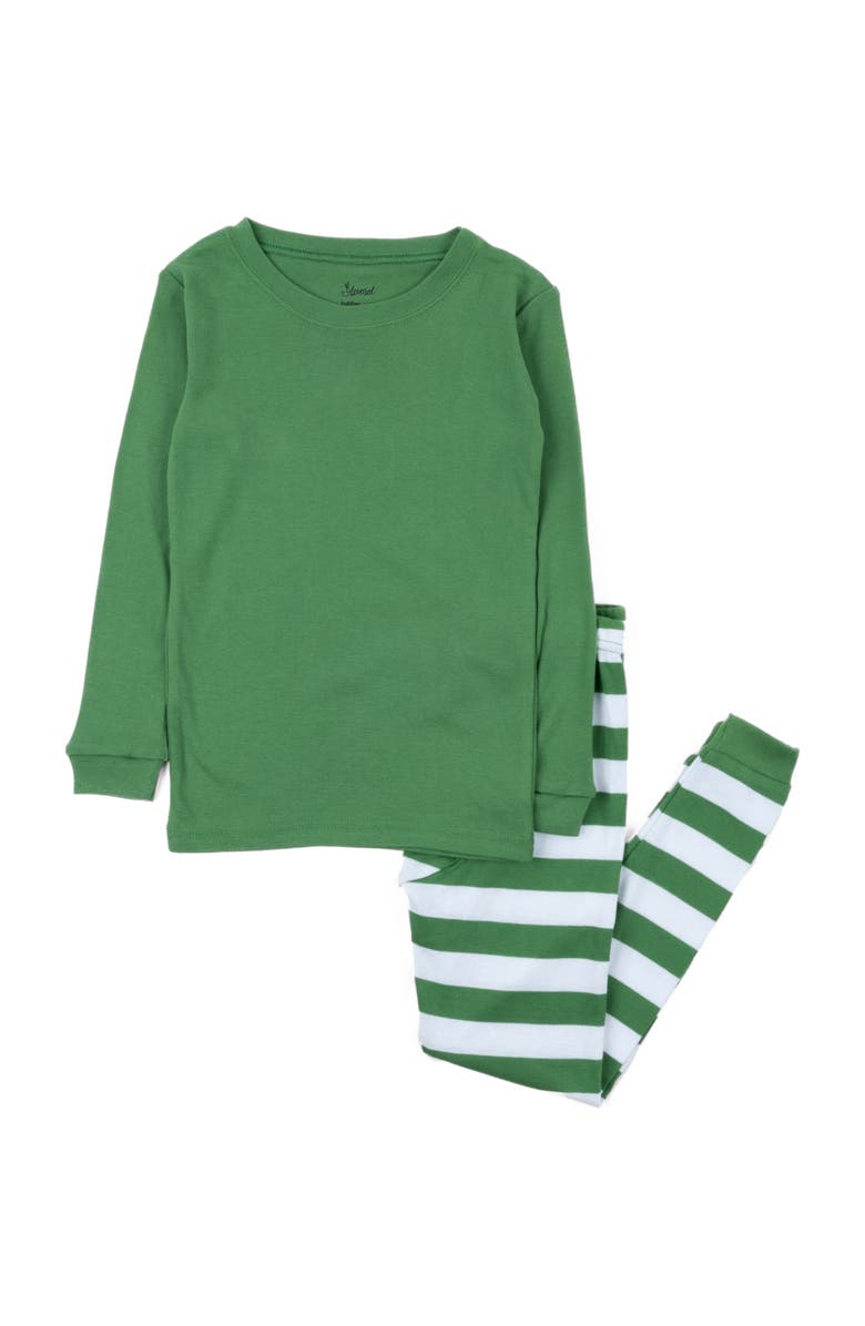 Leveret Kids Two-Piece Striped Cotton Matching Family Holiday Pajamas, Alternate, color, Solid Green Top & Striped Pant