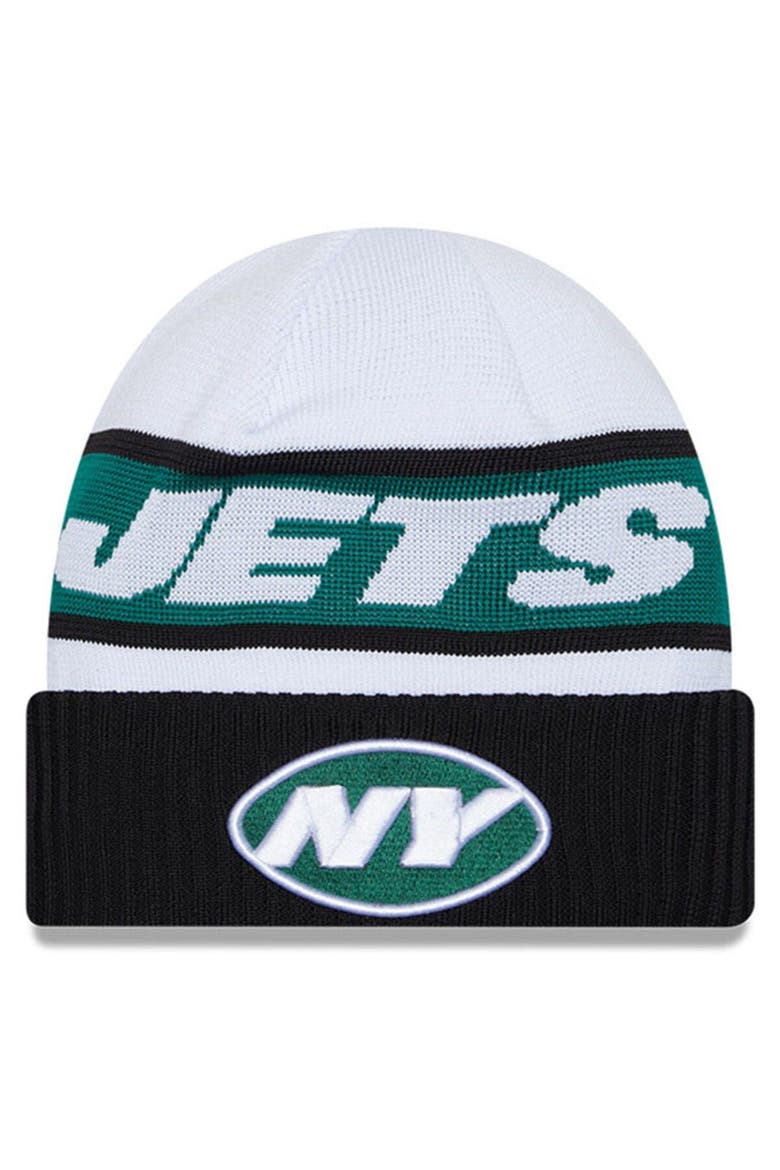 Men's New Era  White/Black New York Jets 2023 Sideline Tech Cuffed Knit Hat, Main, color, White