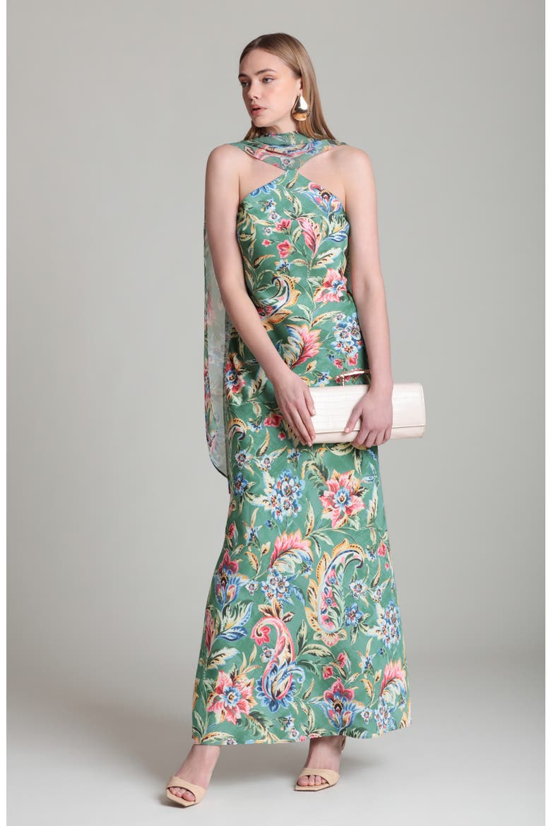 Print Scarf Sleeveless Maxi Dress, Alternate, color, OLIVE DAMASK