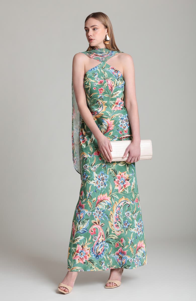Avec Les Filles Print Scarf Sleeveless Maxi Dress, Alternate, color, Olive Damask