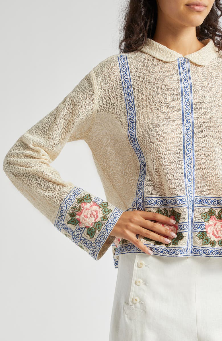 Bode Bourbon Rose Embroidered Semisheer Cotton Top, Alternate, color, 