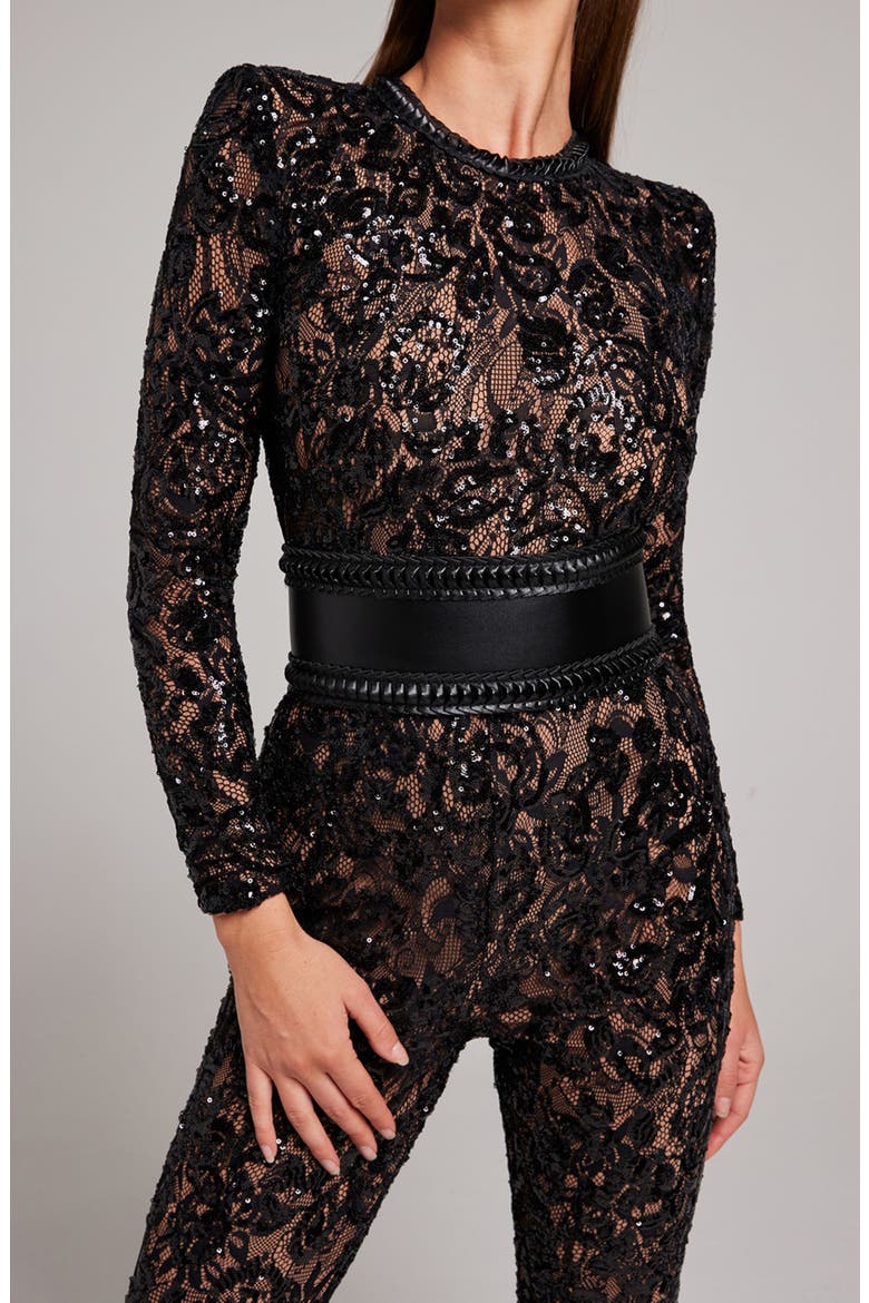 Bella Long Sleeve Beaded Lace Jumpsuit, Alternate, color, BLACK