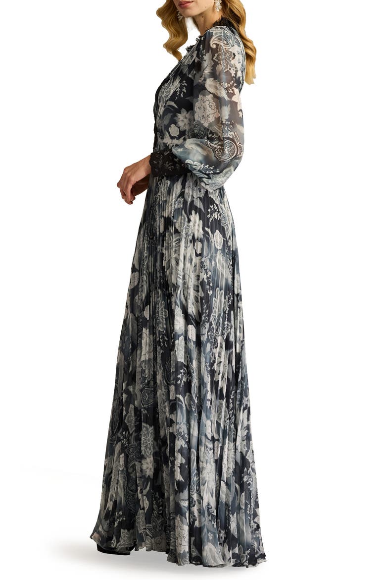 Paisley Floral Lace Detail Long Sleeve Pleated Georgette Gown, Alternate, color, IVORY/ BLACK