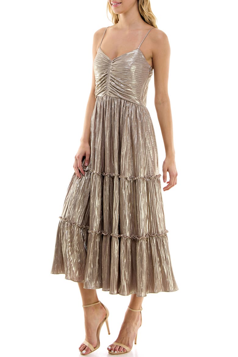Metallic Plissé Tiered Midi Dress, Alternate, color, GOLD METALLIC