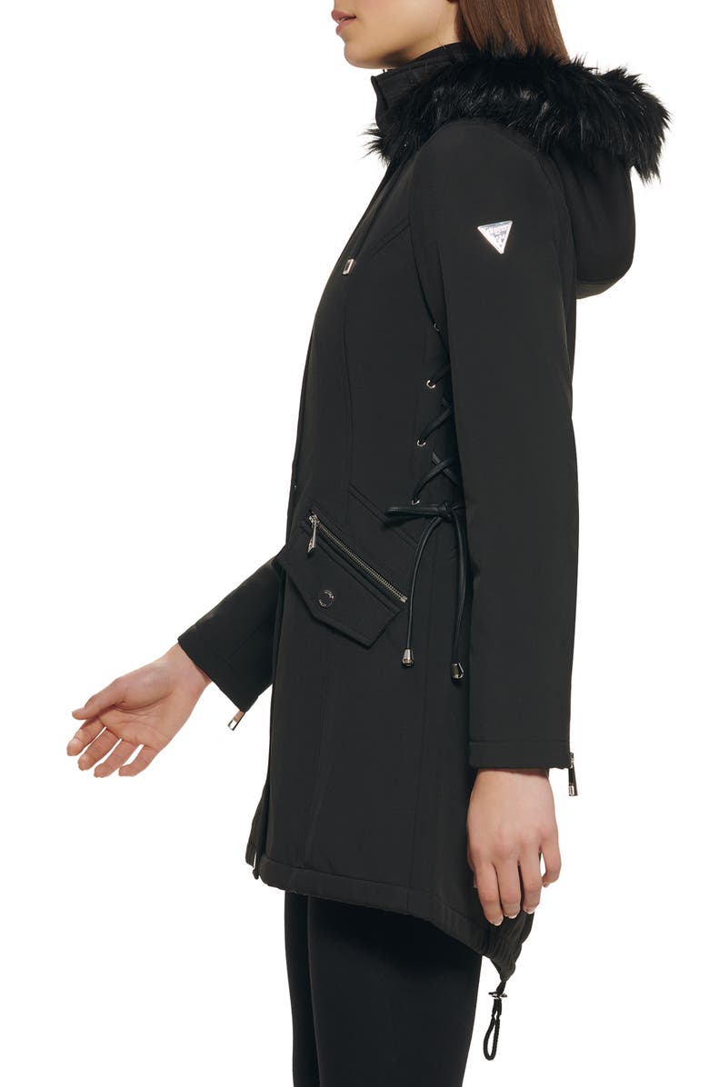 GUESS Faux Fur Trim Hooded Lace-Up Side Softshell Jacket, Alternate, color, 