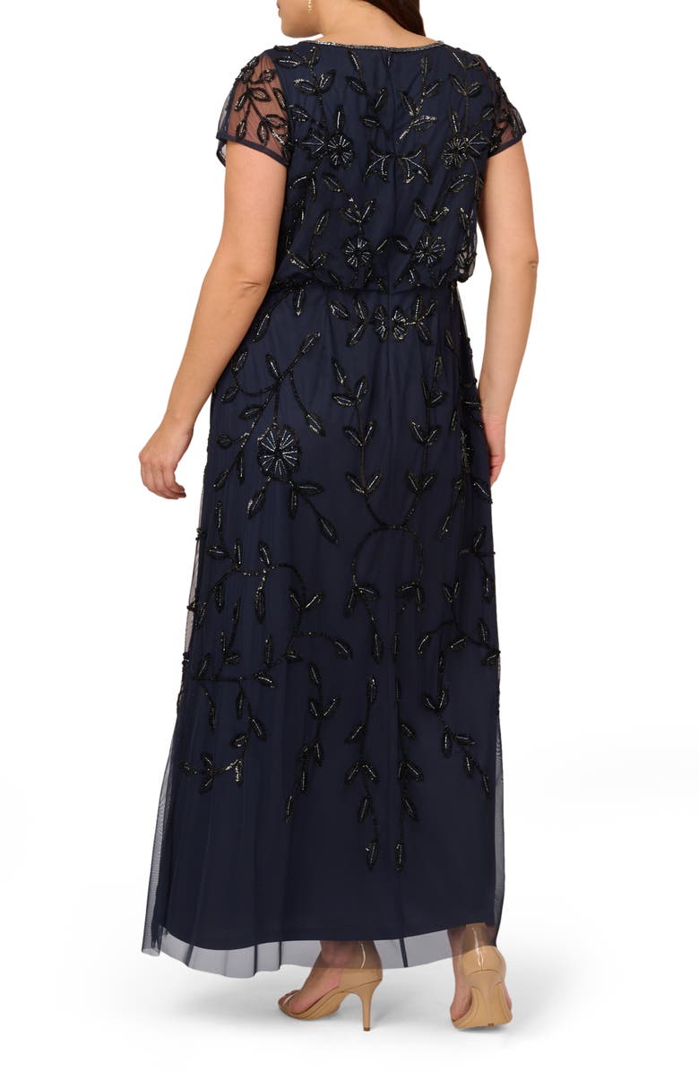 Adrianna Papell Beaded Mesh Gown, Alternate, color, Navy Black