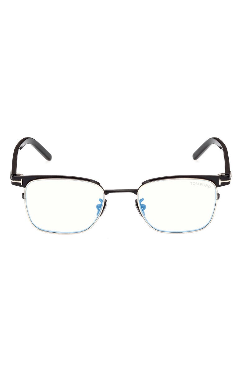 TOM FORD 49mm Small Square Blue Light Blocking Reading Glasses, Main, color, Shiny Black