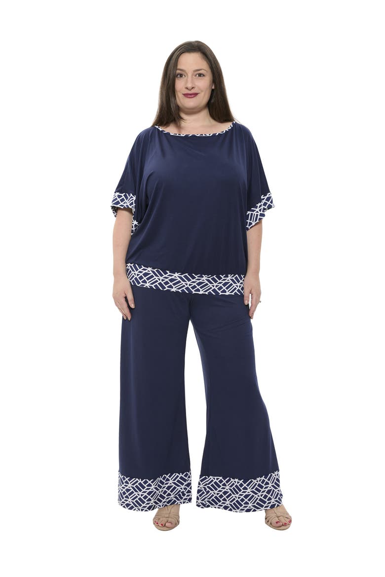 Plus Size Boat Neck Dolman Sleeve Printed Trim Top and Pant Set, Main, color, Navy
