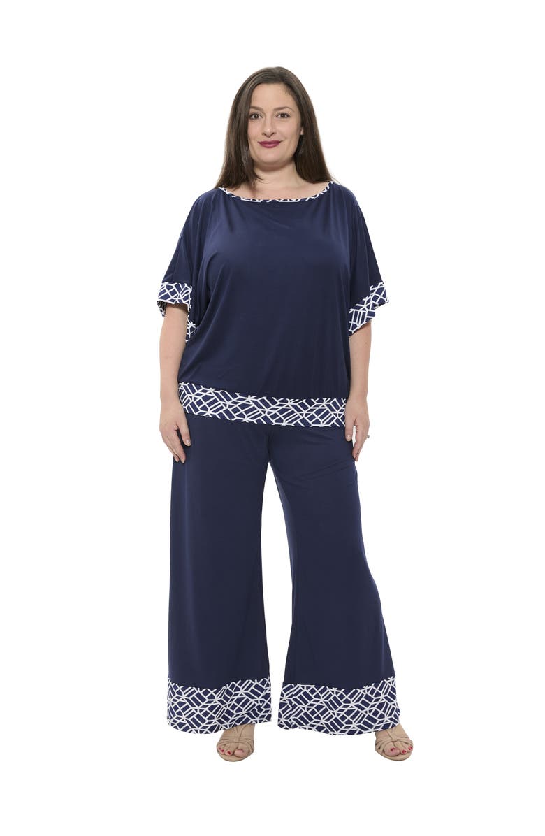 24seven Comfort Apparel Plus Size Boat Neck Dolman Sleeve Printed Trim Top and Pant Set, Main, color, Navy