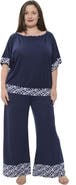 24seven Comfort Apparel Plus Size Boat Neck Dolman Sleeve Printed Trim Top and Pant Set