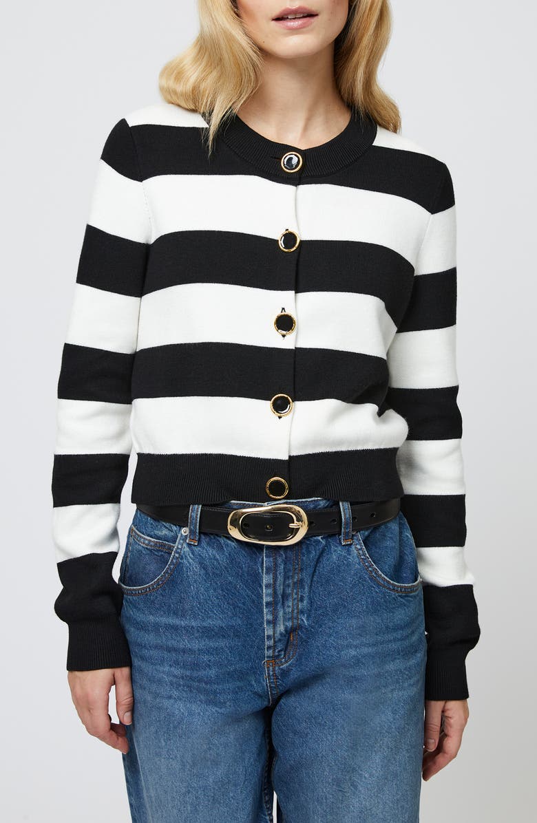 French Connection Nyrobi Stripe Cardigan, Main, color, Black/ Porcelain Cream