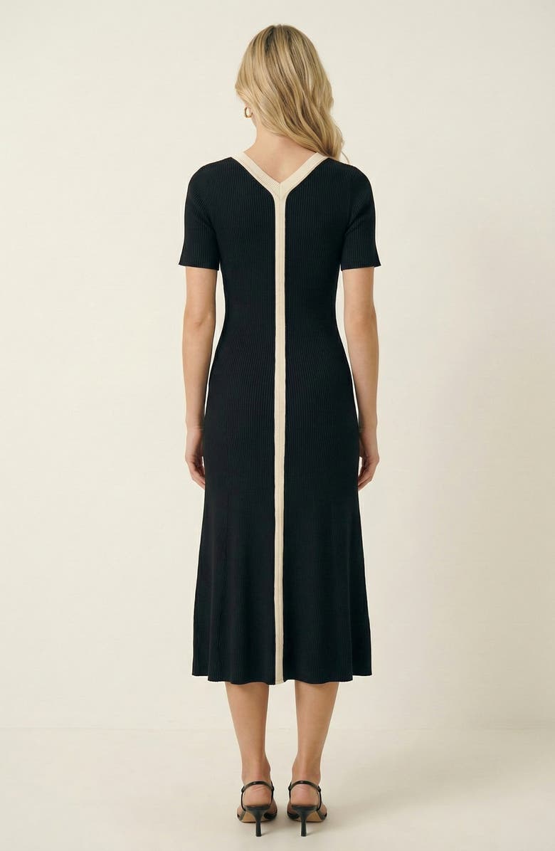 Modenaire Ribbed Knit Contrast Placket Midi Dress, Alternate, color, Black