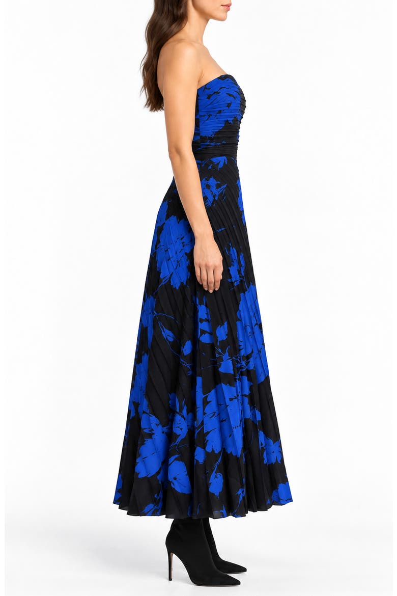 Strapless Pleated Satin Midi Dress, Alternate, color, BLACK / COBALT