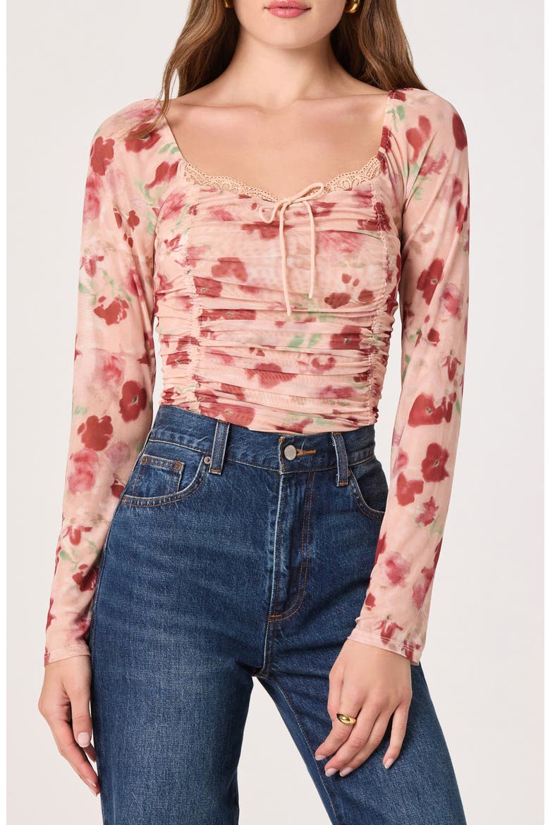 Lace Trim Long Sleeve Ruched Mesh Top, Main, color, BEIGE FLORAL