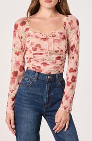 ASTR the Label Lace Trim Long Sleeve Ruched Mesh Top