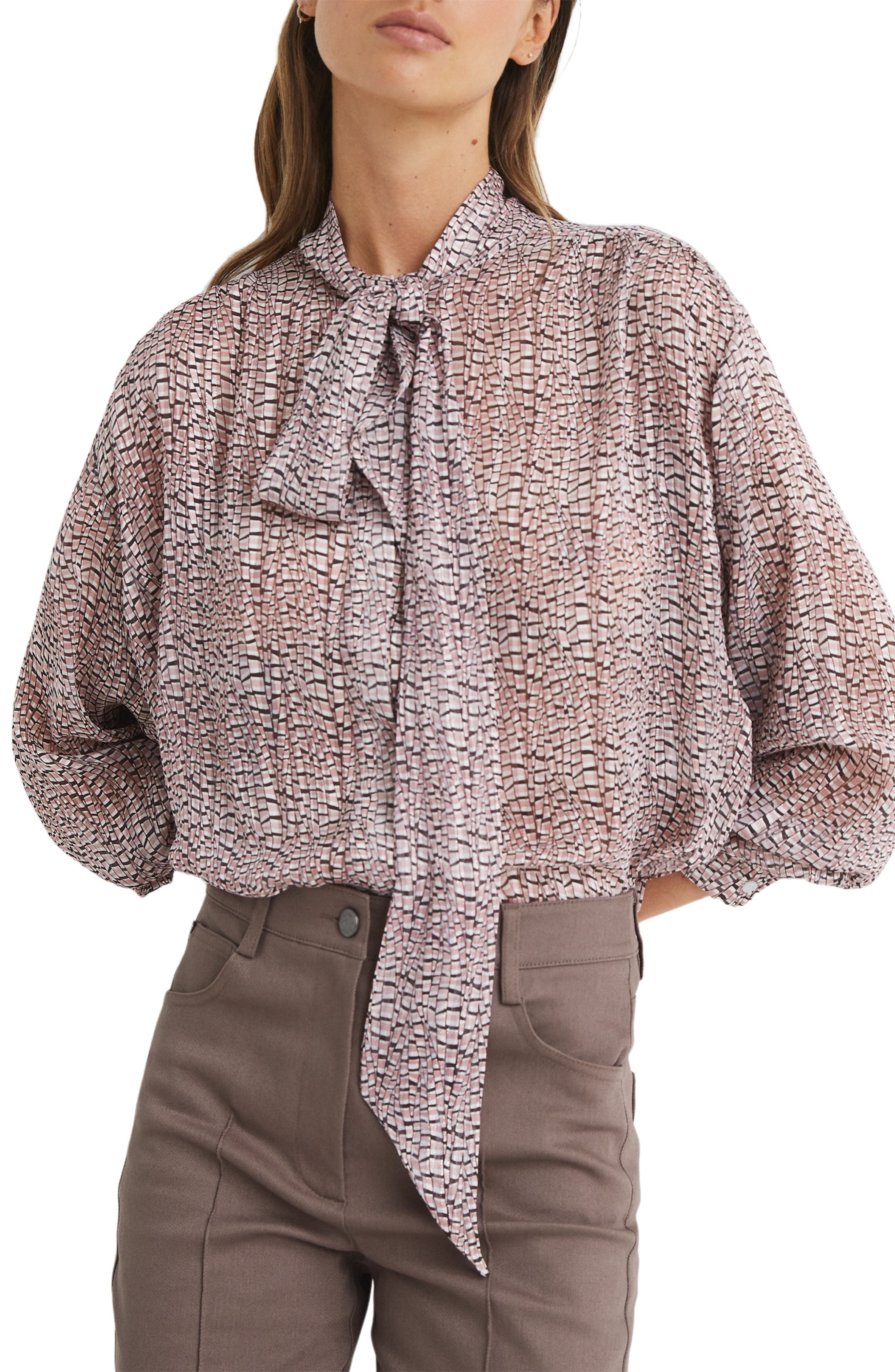 Reiss Kelsie Print Tie Neck Blouse