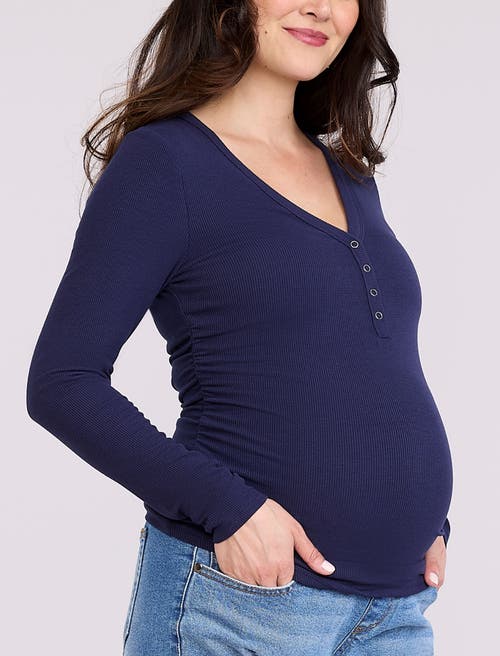 Motherhood Maternity V-neck Side-ruched Long Sleeve Henley Tee In Blue