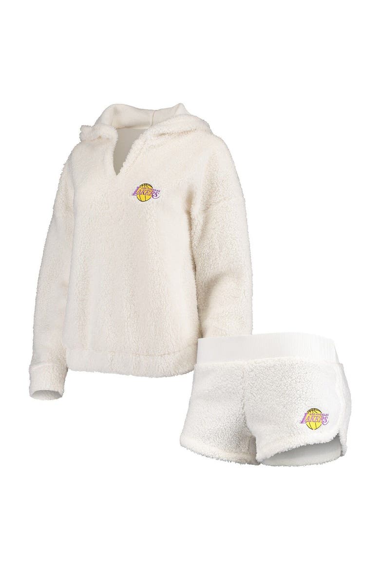 Women's Concepts Sport Cream Los Angeles Lakers Fluffy Long Sleeve Hoodie Top & Shorts Sleep Set, Main, color, Cream