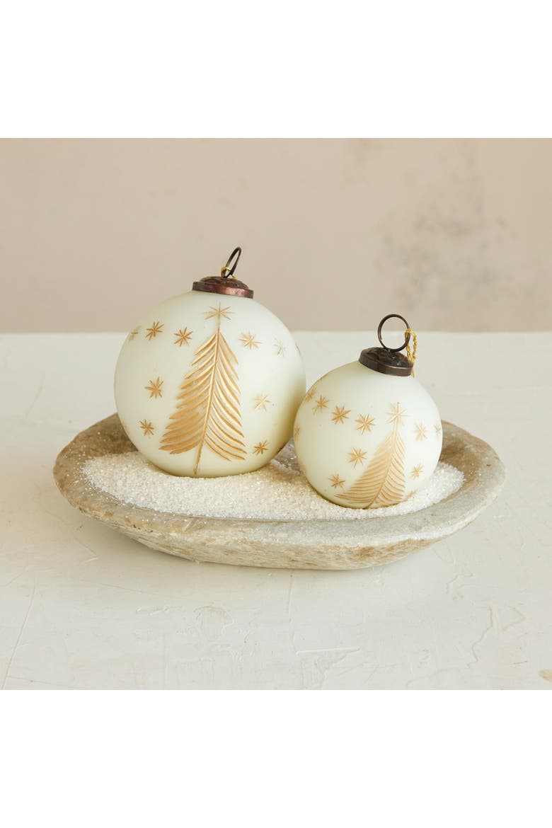 Round Hand-Painted Glass Ball Ornament with Etched Trees and Stars, Matte Ivory Color and Gold Finish, Alternate, color, Ivory