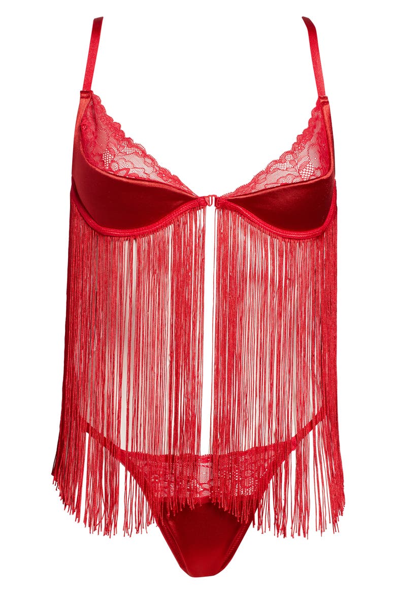 Lace & Fringe Underwire Bra & G-String Thong, Alternate, color, RED