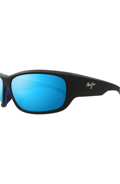 Maui Jim Mauklele 64mm Polarizedplus2® Wraparound Rectangular Sunglasses In Matte Black/blue Hawaii
