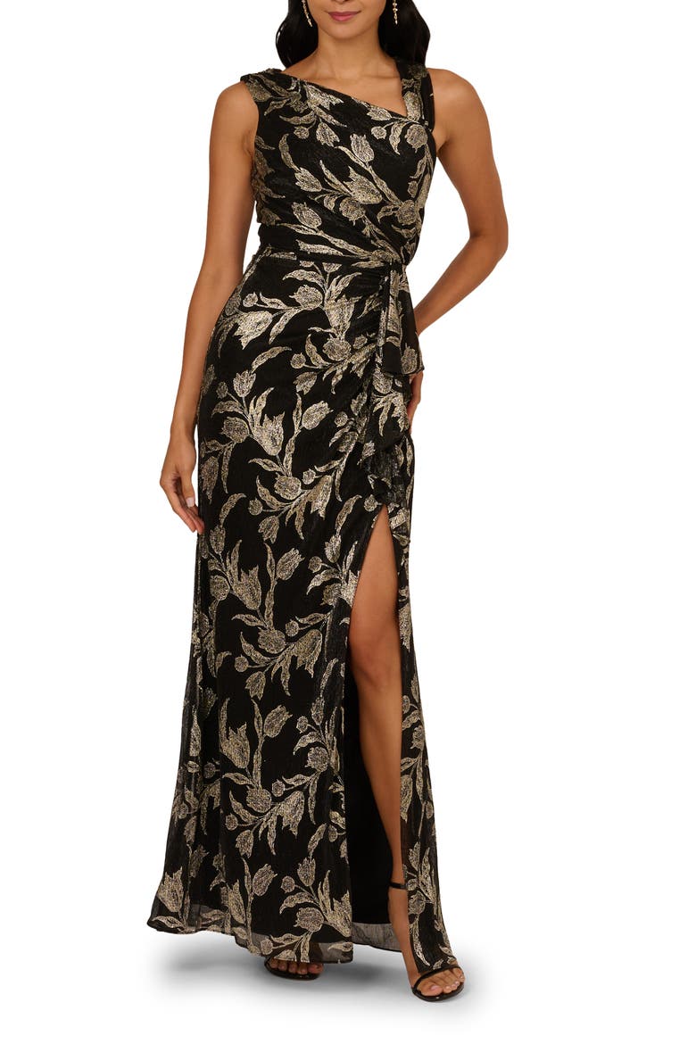 Metallic Embroidered Sleeveless Mermaid Gown, Main, color, BLACK/ GOLD
