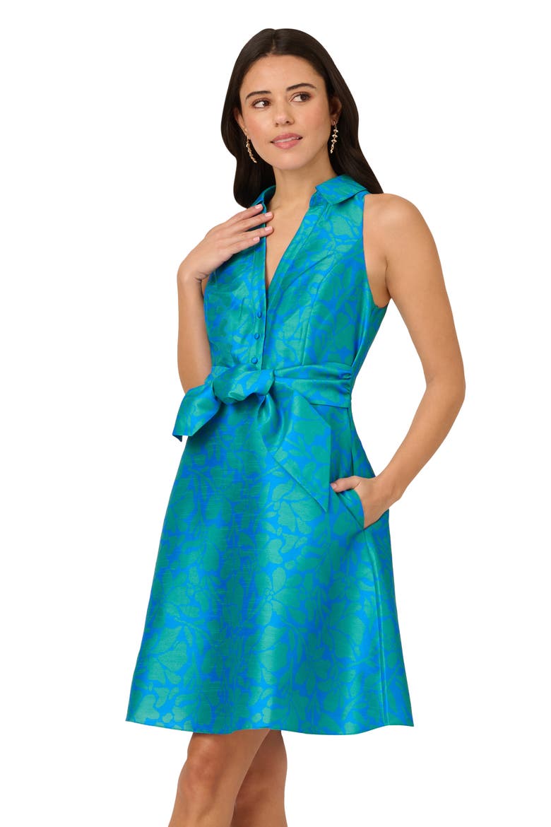 Floral Sleeveless Jacquard Fit & Flare Dress, Alternate, color, BLUE/ GREEN
