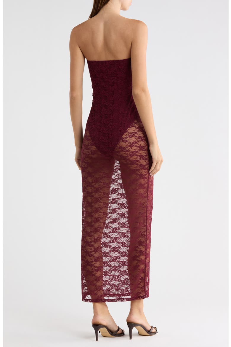 Strapless Lace Midi Dress, Alternate, color, BURGUNDY