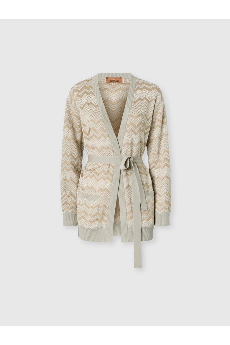 Zig Zag Viscose And Wool Cardigan With Belt, Main, color, Beige