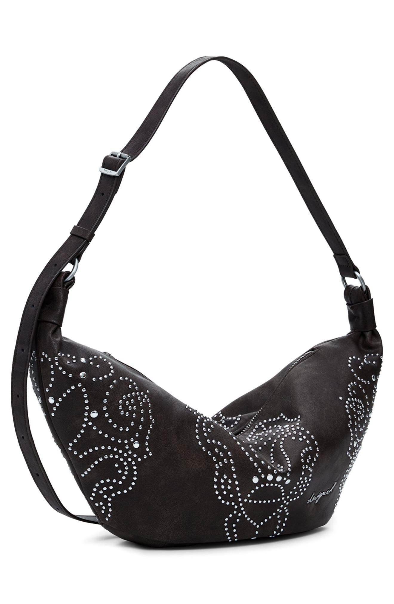 Desigual Studded Faux Leather Shoulder Bag, Alternate, color, Dark Brown