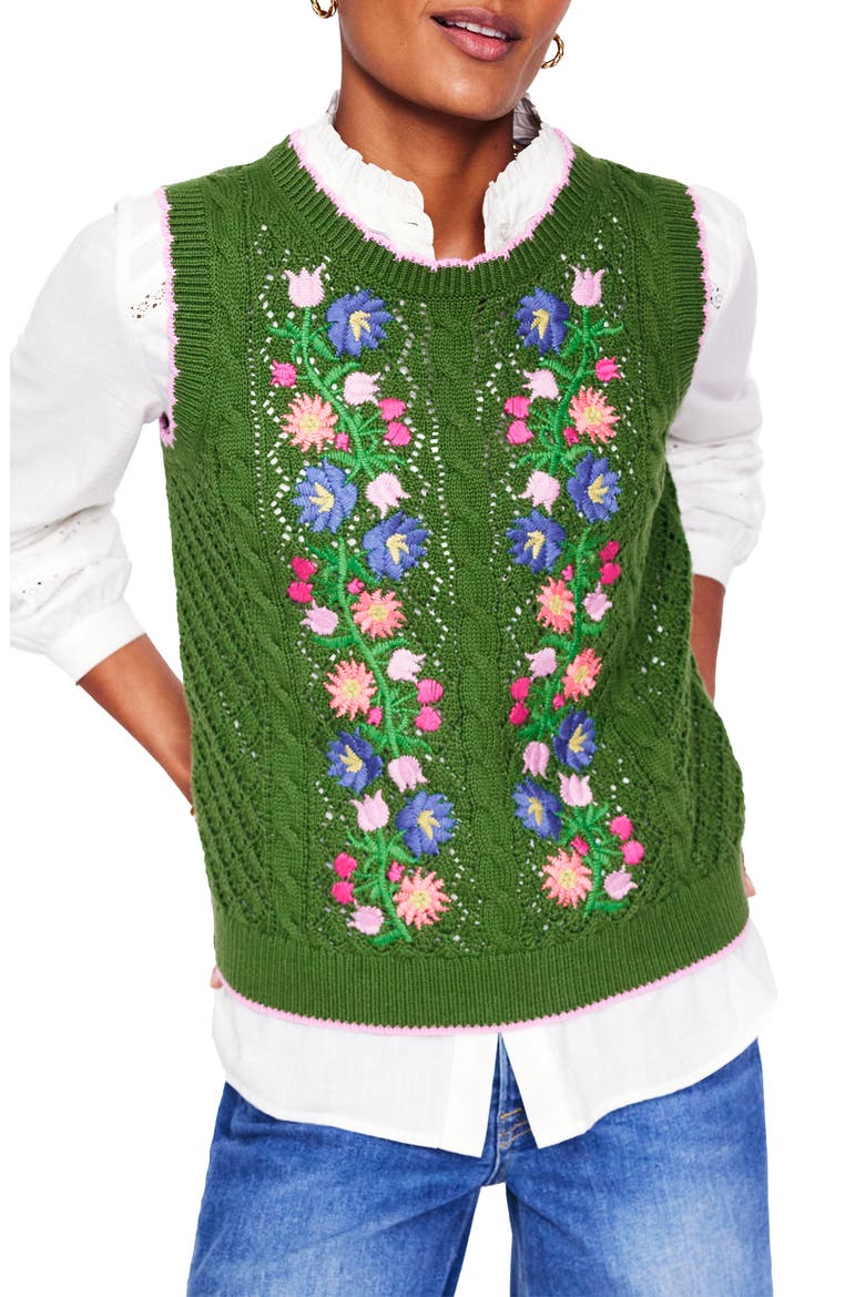 Floral Embroidered Cotton Sweater Vest, Main, color, IGUANA GREEN