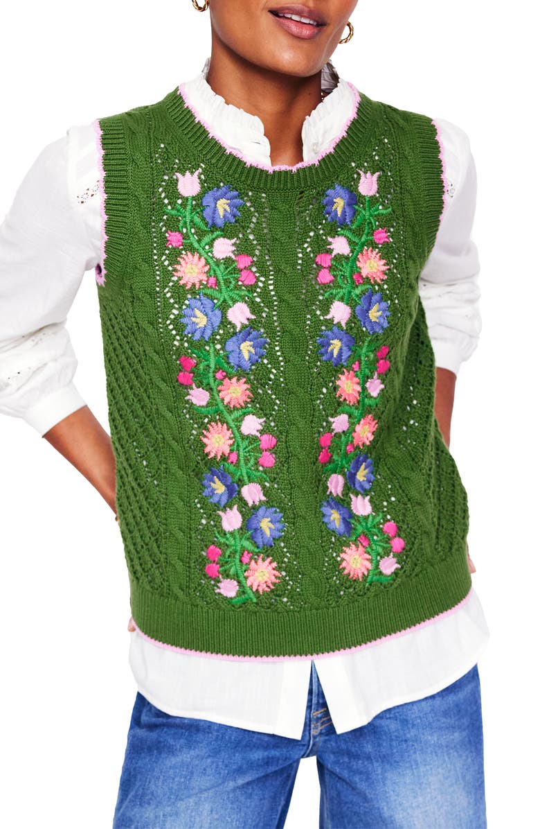 Boden Floral Embroidered Cotton Sweater Vest, Main, color, 