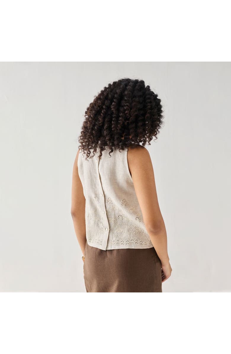 Reistor Embroidered Button Back Top in Checkered Linen, Alternate, color, Embroidered Linen White
